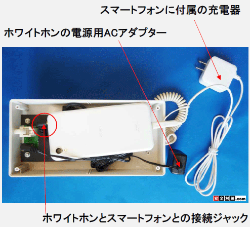 ホワイトホン－スマホ内蔵タイプの外観と電源ケーブルの写真